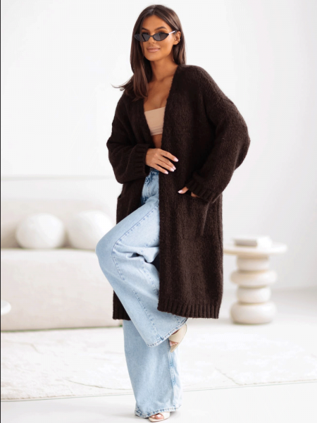 Moherowy sweter kardigan z kieszeniami POOL - czekoladowy 2