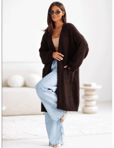 Moherowy sweter kardigan z kieszeniami POOL - czekoladowy