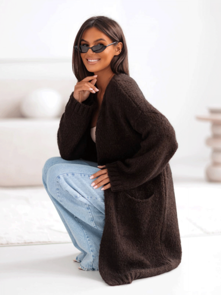 Moherowy sweter kardigan z kieszeniami POOL - czekoladowy 2