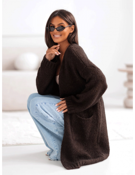 Moherowy sweter kardigan z kieszeniami POOL - czekoladowy