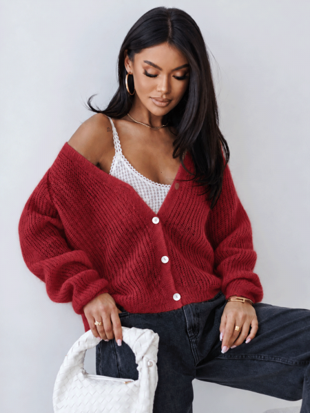 Lekki moherowy sweter kardigan CHIEKO - czerwony