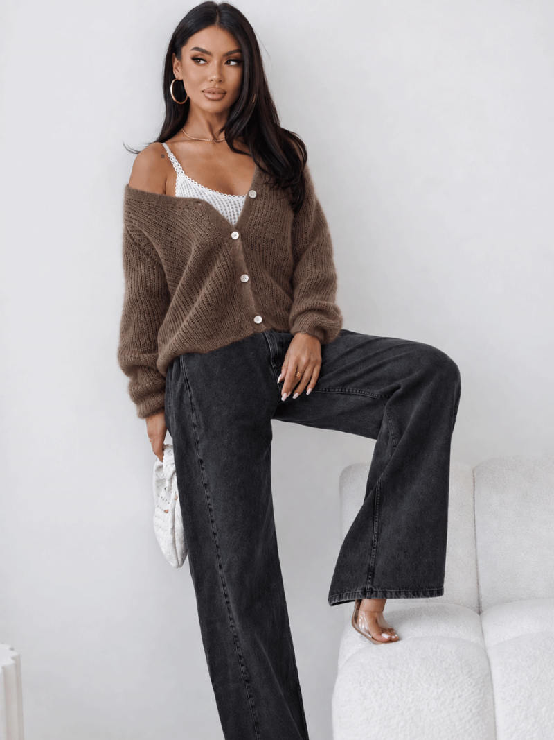 Lekki moherowy sweter kardigan CHIEKO - czekoladowy