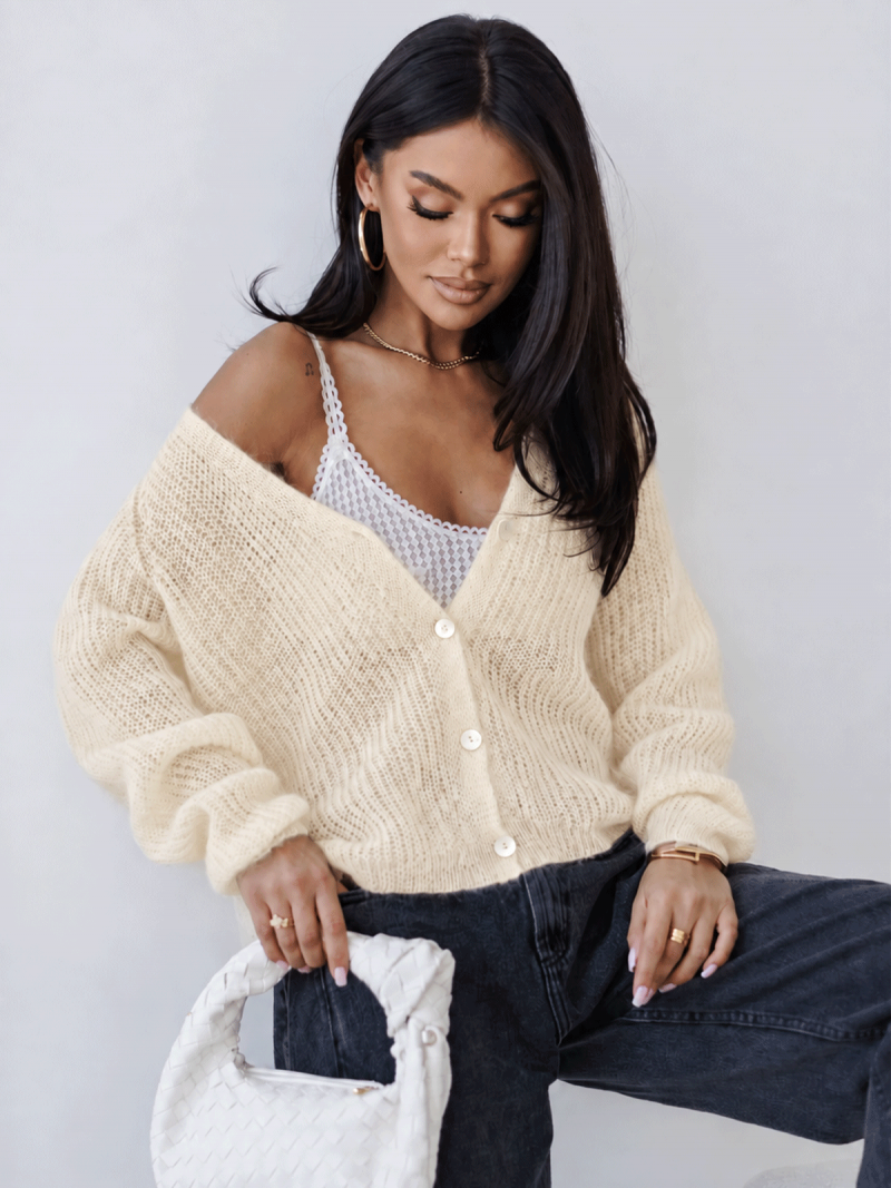 Lekki moherowy sweter kardigan CHIEKO - kremowy