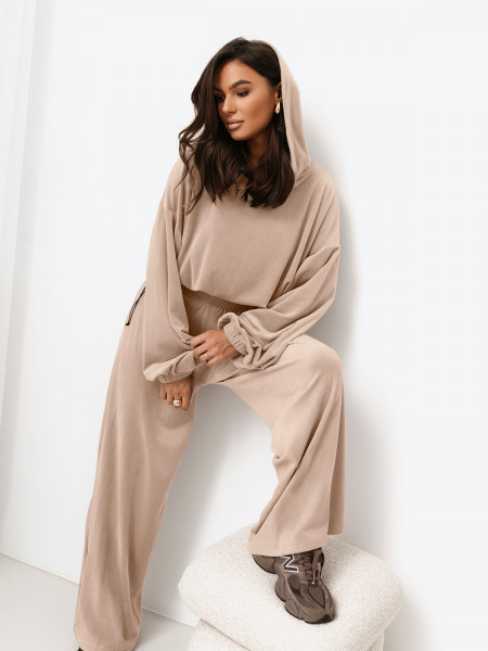 Welurowy dres bluza i szerokie spodnie TREVIS - beżowy