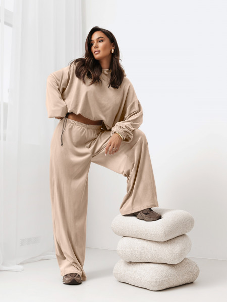 Welurowy dres bluza i szerokie spodnie TREVIS - beżowy 2